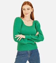 Mela Green Ribbed Knit Square Neck Long Puff Sleeve Jumper
